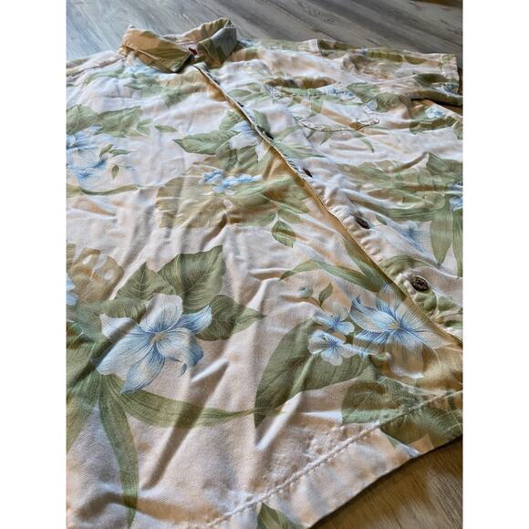 La Cabana Hawaiian Shirt Beige Blue Hibiscus Flower Men's Size Large 100% Rayon - Picture 2 of 4